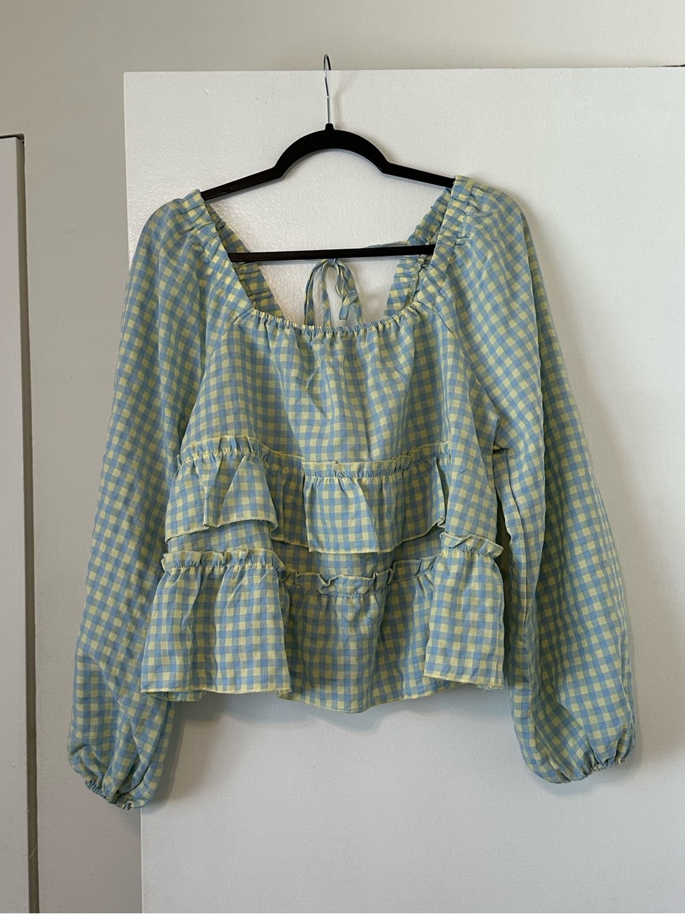 SHEIN Light Blue & Yellow Gingham Ruffle Peasant Top